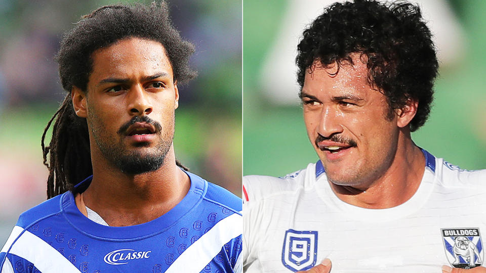 Canterbury Bulldogs players Jayden Okunbor and Corey Harawira-Naera pictured in a split 50/50 photo. 