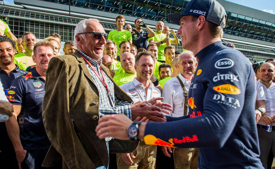 Dietrich Mateschitz, pictured here with Max Verstappen at the Austrian Grand Prix in 2018.