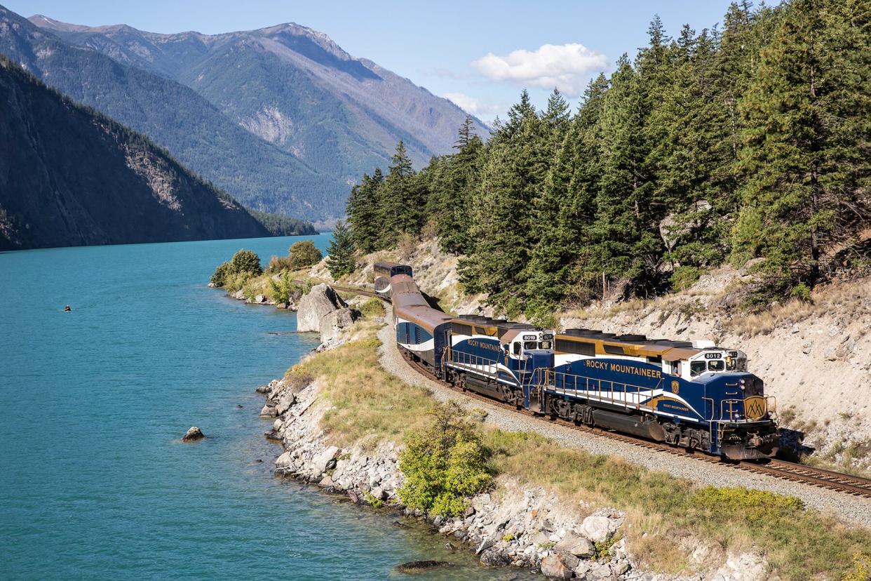 Exterior of Rocky Mountaineer train near Seton Lake along Rainforest to Goldrush route.