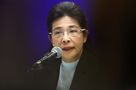 Sudarat Keyuraphan, Pheu Thai Party's prime minister candidate, speaks during a news conference at Pheu Thai Party headquarters in Bangkok, Thailand, March 25, 2019. REUTERS/Athit Perawongmetha