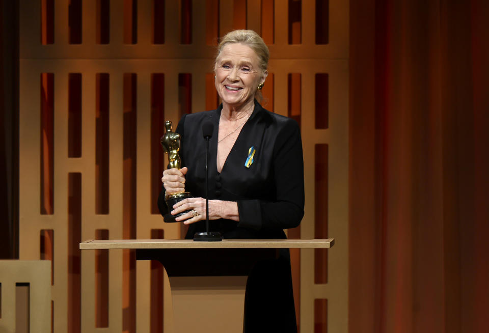 HOLLYWOOD, CALIFORNIA - MARCH 25: Liv Ullmann accepts the honorary award onstage during the 2022 Governors Awards at The Ray Dolby Ballroom at Hollywood & Highland Center on March 25, 2022 in Hollywood, California. (Photo by Mike Coppola/Getty Images)