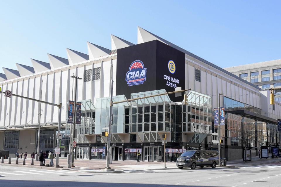 This photo provided by the Central Intercollegiate Athletic Association (CIAA) shows CFG Bank Arena in Baltimore, Tuesday, Feb. 21, 2023. The arena is hosting the opening day of games of the CIAA Tournament. Baltimore is hosting the NCAA Division II tournament for historically Black colleges and universities for the second consecutive year and attracts friends, families and alumni. (Donald Watkins/CIAA via AP)