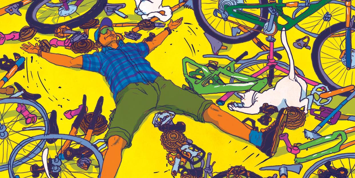 illustration of cyclist making snow angels on ground surrounded bike bicycles and components