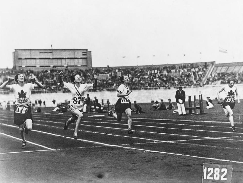 American athlete Betty Robinson wins the final of the women's 100 Metres event during the Olympic Games at the Olympic Stadium, Amsterdam, 31st July 1928.