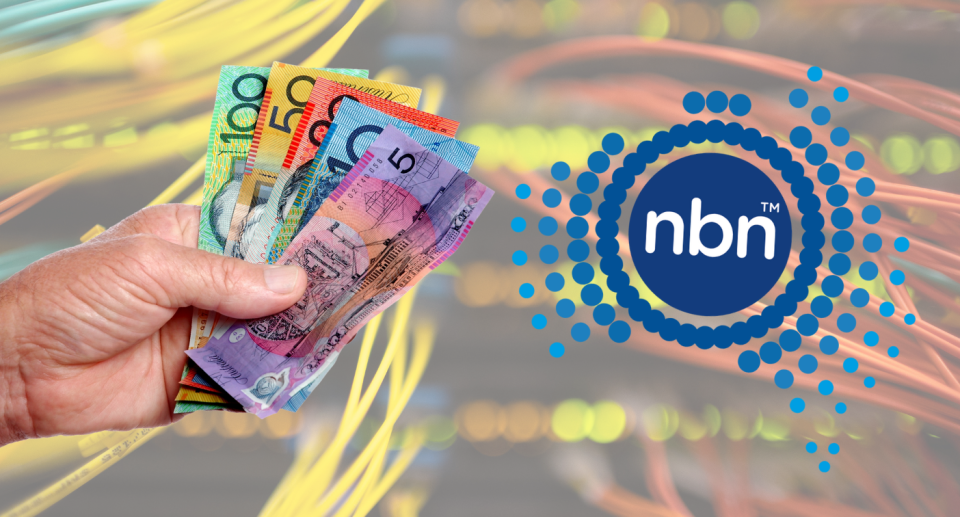 Stylised image of NBN internet logo and a hand holding Australian money on a background of cables.