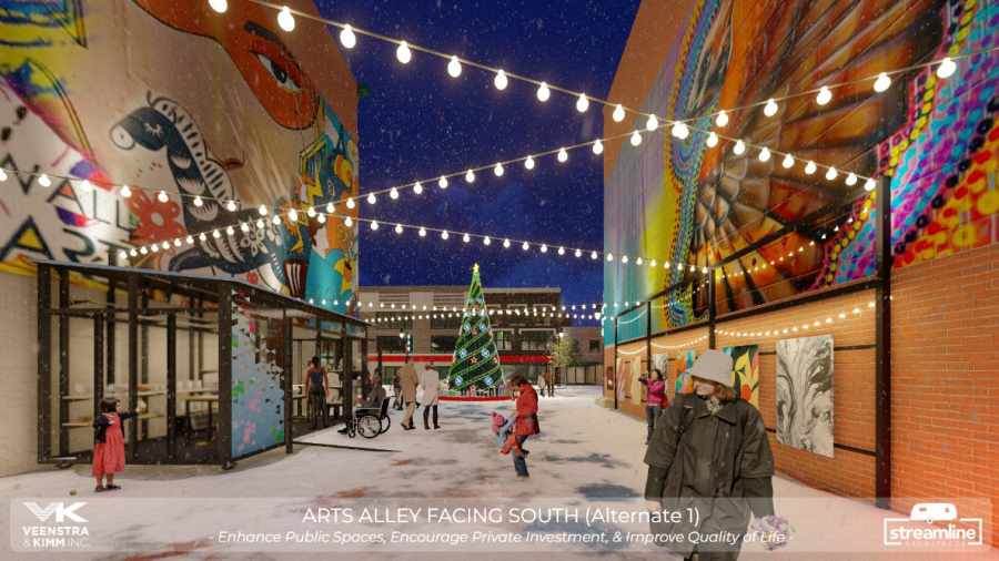 A rendering of a revitalized Arts Alley, to be completed in July 2024.