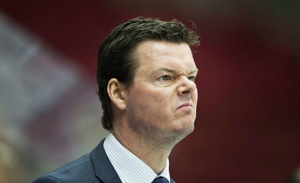 Finland's head coach Kivi reacts during IIHF game against Norway, in Malmo