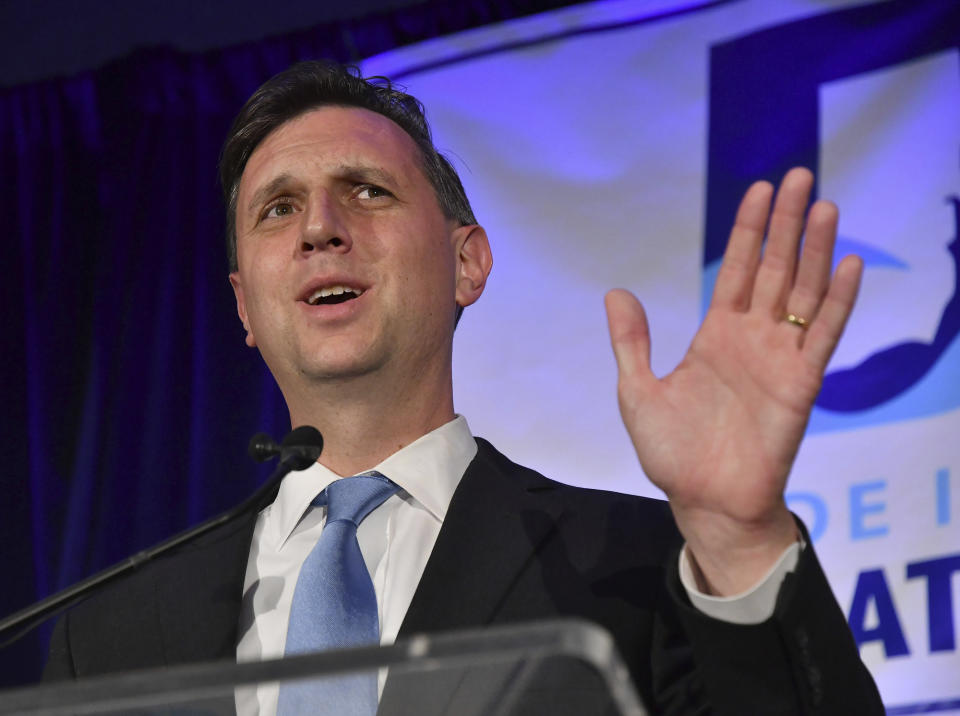 Seth Magaziner gives his victory speech after winning the the 2nd Congressional District during an election night gathering of Rhode Island Democratic candidates and supporters, Tuesday Nov. 8, 2022, in Providence. (AP Photo/Mark Stockwell)