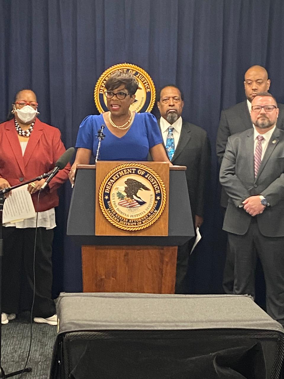 U.S. Attorney Dawn Ison with other metro Detroit law enforcement officials announced a new initiative to combat and prevent violent crime on Wednesday, April 19. The new effort, dubbed "One Detroit," will incorporate lessons learned from a previous effort called "Detroit One."