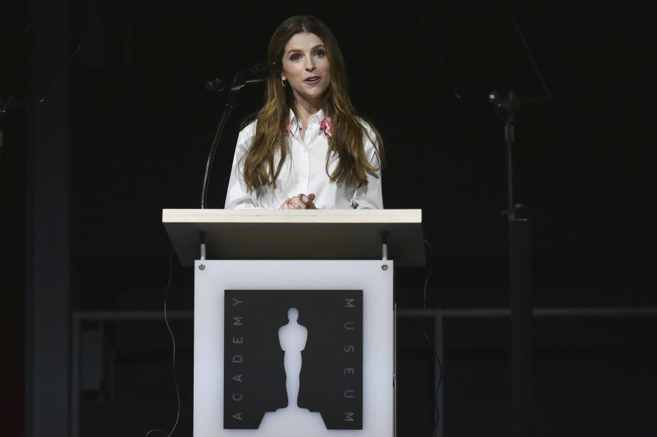 Anna Kendrick speaks at a press conference for the opening of the Academy Museum on Tuesday, Sept. 21, 2021, in Los Angeles. (Photo by Richard Shotwell/Invision/AP)