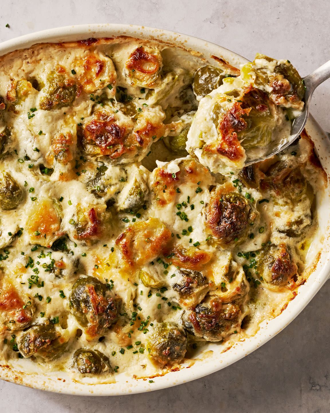 cheesy, bubbling creamed brussels sprouts in a white oval casserole dish