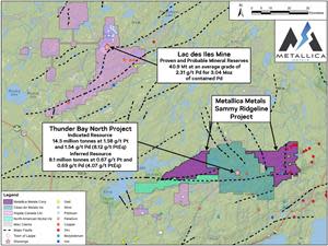 Location of Metallica Metals’ Sammy Ridgeline Ni-Cu-PGM Project with respect to adjacent properties including Clean Air Metal’s Thunder Bay North Project and Impala Canada’s Lac des Iles Pt-Pd Mine (refer to notes below for MRMR sources shown on map).