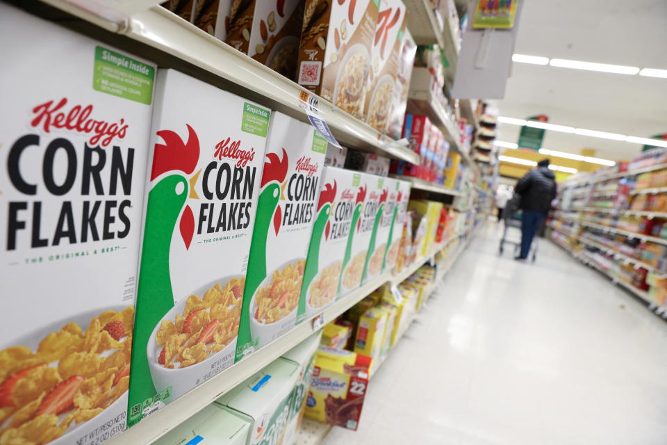 Kellogg's Corn Flakes, owned by Kellogg Company, are seen for sale in a store in Queens, New York City, U.S., February 7, 2022. REUTERS/Andrew Kelly