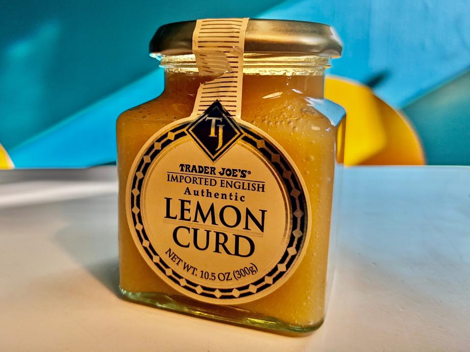 jar of trader joe's imported english lemon curd on a kitchen table