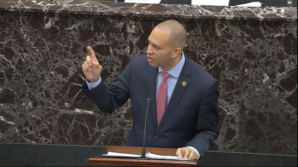 In this image from video, House impeachment manager Rep. Hakeem Jeffries, D-N.Y., speaks during closing arguments in the impeachment trial against President Donald Trump in the Senate at the U.S. Capitol in Washington, Monday, Feb. 3, 2020. (Senate Television via AP)