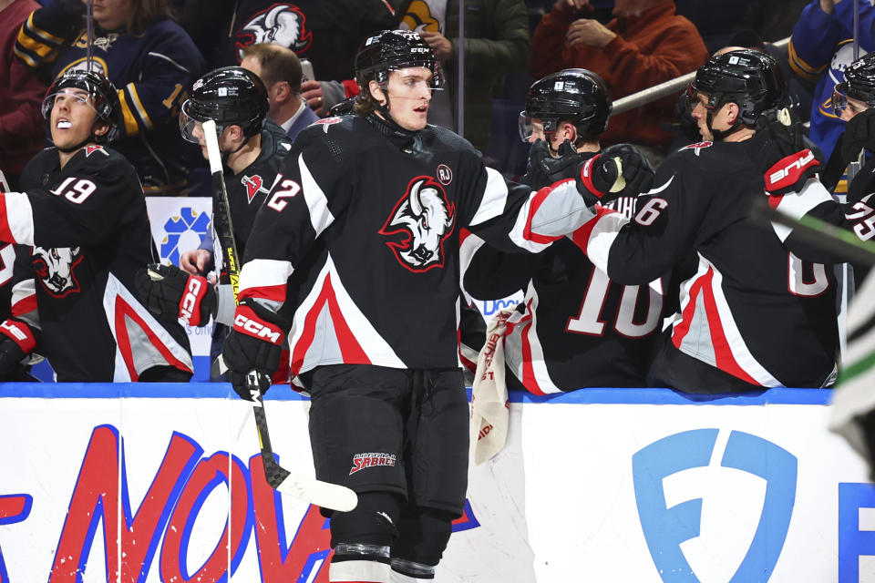 Buffalo Sabres right wing Tage Thompson (72) celebrates his goal against the Dallas Stars during the second period of an NHL hockey game Tuesday, Feb. 6, 2024, in Buffalo, N.Y. (AP Photo/Jeffrey T. Barnes)