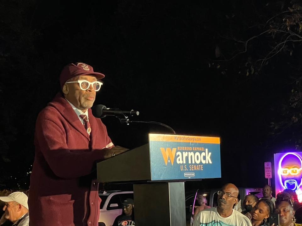 Director Spike Lee talks to the crowd at a Savannah rally in support of Sen. Raphael Warnock.