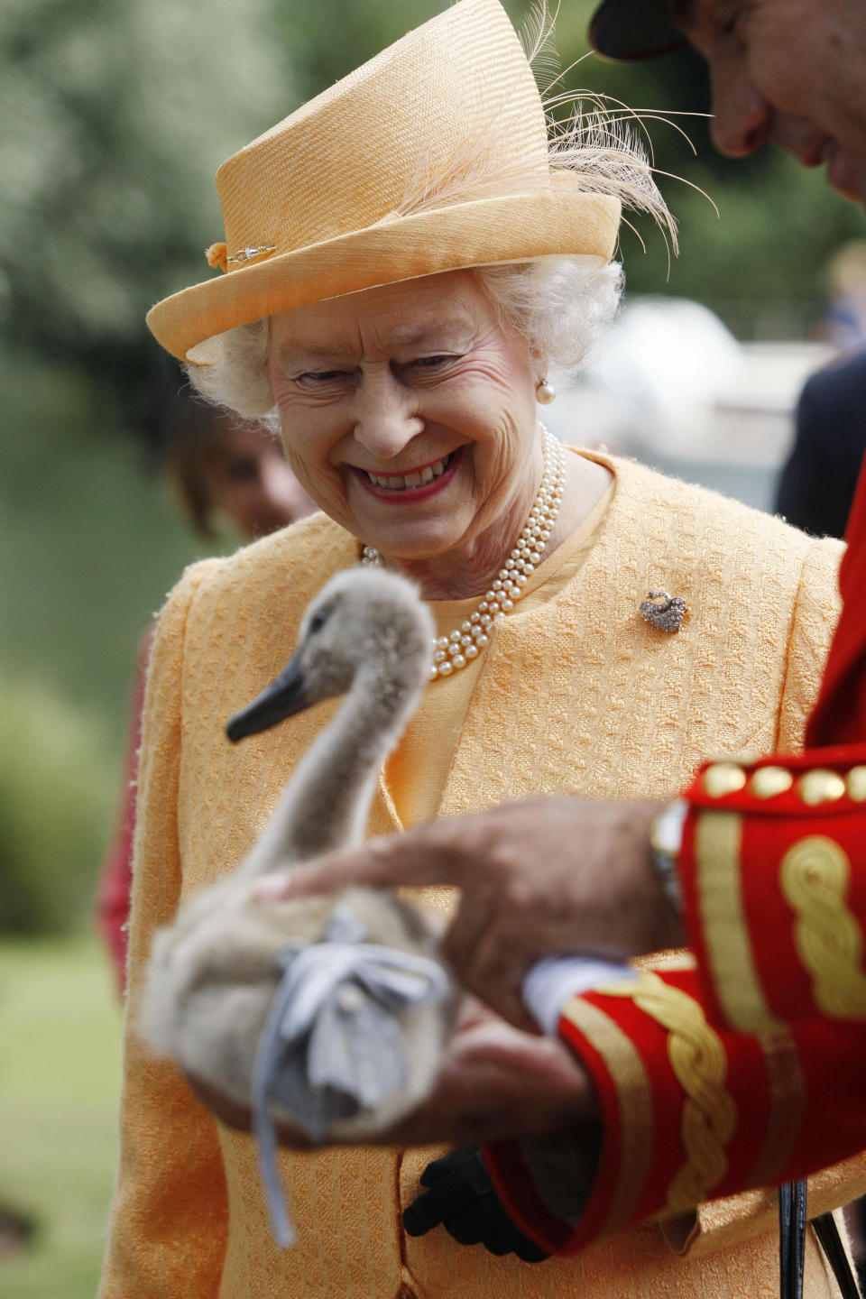 Queen Elizabeth II smiles as she is being shown a orphaned cygnet at Oakley Court on the river bank during the swan upping census (the ancient ritual of her swans being counted) on the River Thames near Windsor.   (Photo by Sang Tan/PA Images via Getty Images)