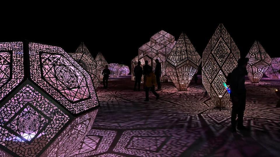 The DIMENSIONS exhibit at Sensorio in Paso Robles features a collection of illuminated geometric sculptures, seen here on May 23, 2024. It was created by the artist duo HYBYCOZO.