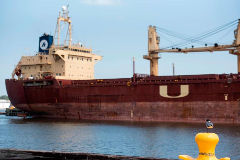 The UBC Sacramento, destined for Guadeloupe and Martinique, is loaded with 18,000 metric tons of wood pellets produced by Enviva at its shipping terminal at the Port of Pascagoula on June 15, 2022.