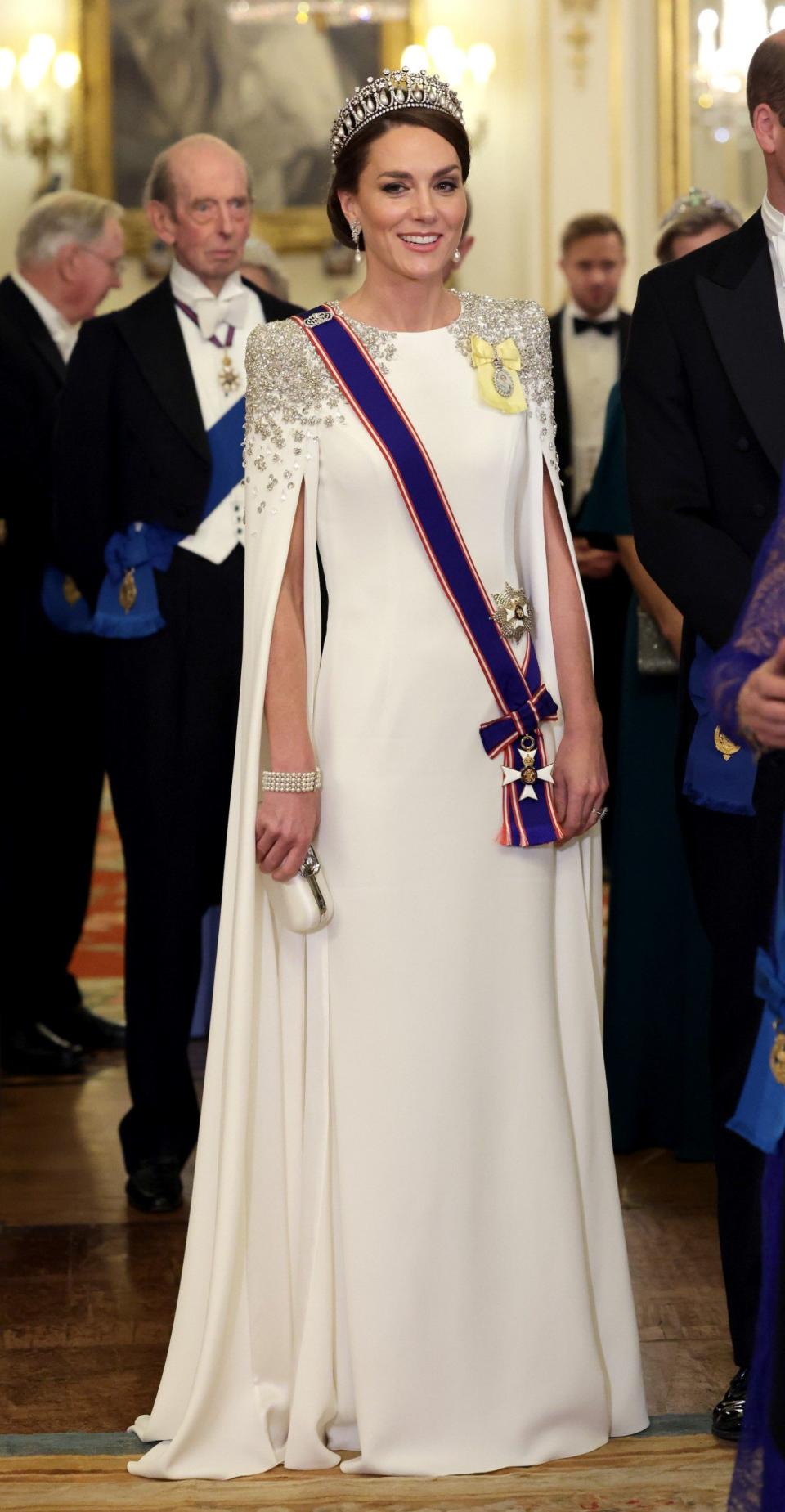 Catherine, Princess of Wales wore a Jenny Packham dress to the State Banquet at Buckingham Palace on November 22, 2022 in London, England