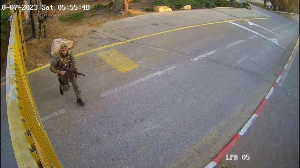 PHOTO: Surveillance video taken at the Bar Be'eri Kibbuz on Oct. 7, 2023, captured Hamas terrorists taking over the guard house. (Israel Defense Forces)