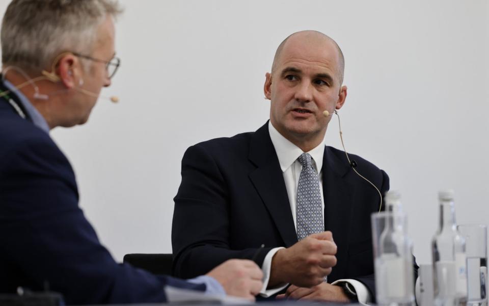 Jake Berry is pictured in conversation with The Telegraph's Christopher Hope at Conservative Party conference in Birmingham - Geoff Pugh for The Telegraph