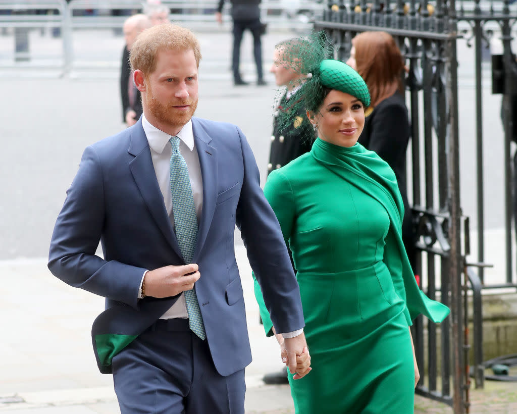 The couple stepped back from their roles as senior royals last month, pictured here in March 2020. (Getty Images)