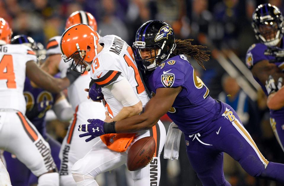 Browns quarterback Josh McCown fumbles as he is sacked by Ravens linebacker Za'Darius Smith in Baltimore's 28-7 win.