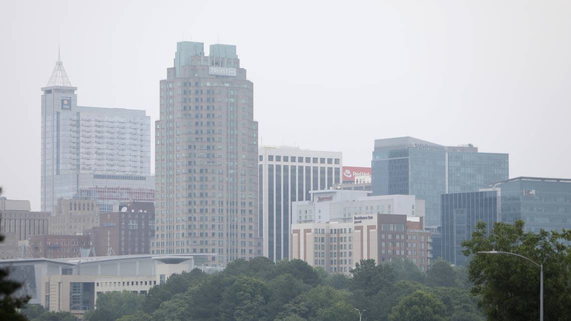 A smoky haze shrouds the skyline of Downtown Raleigh, N.C. Wednesday morning, June 7, 2023. Smoke from wildfires in Canada is driving southward in the eastern United States.