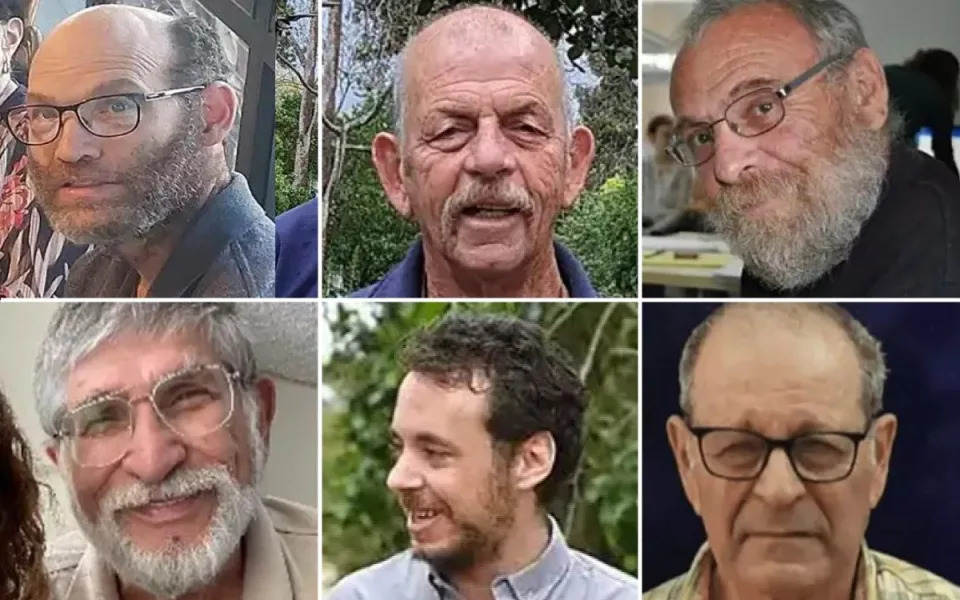 The bodies of six Israeli hostages recovered (From top left to bottom right): Nadav Popplewell, Chaim Peri, Alexander Dancyg, Yoram Metzger, Yagev Buchshtab, and Avraham Munder