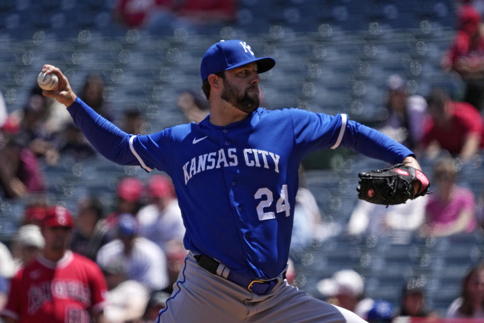 Kansas City Royals starting pitcher Jordan Lyles throws to the plate during the first inning of a baseball game against the Los Angeles Angels Sunday, April 23, 2023, in Anaheim, Calif. (AP Photo/Mark J. Terrill)