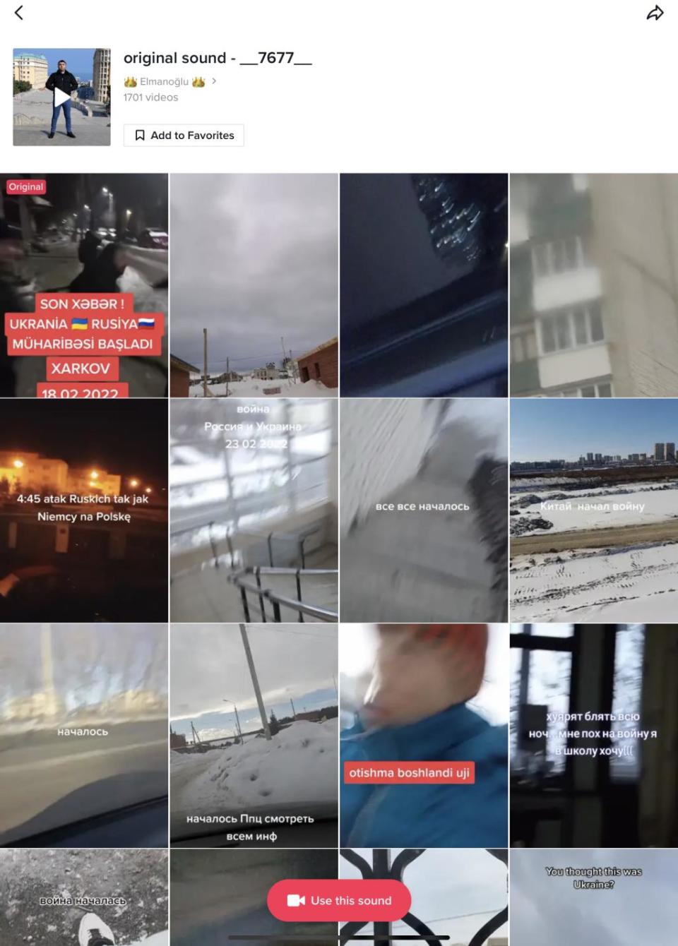 A collage of TikTok videos, supposedly from Ukraine, all using the same audio clip (Abbie Richards/Media Matters for America)