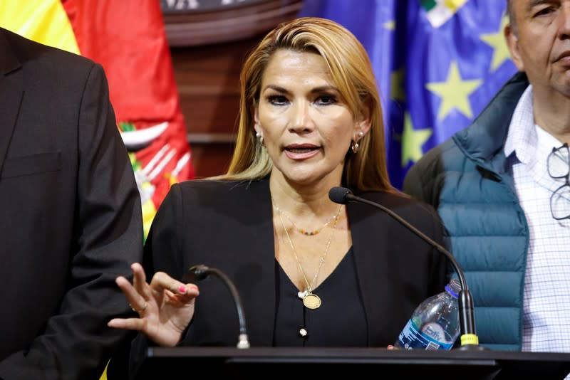 Bolivian opposition leader and senator Jeanine Anez Chavez speaks during a news conference following Bolivia's former president Evo Morales' exit out of the country, in La Paz