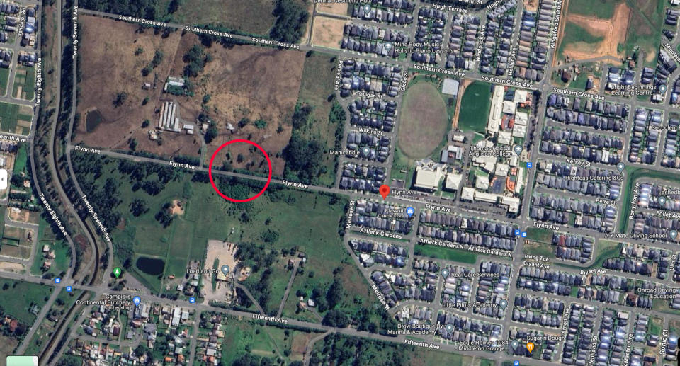 Google Maps screen shot showing Flynn Avenue between Austral and Middleton Grange. 