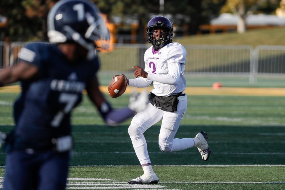 Detroit Southeastern quarterback Julian Liddell (3) looks to pass against Detroit Central during the first half of a PSL Championship game at Adams Field in Detroit on Friday, Oct. 14, 2022.