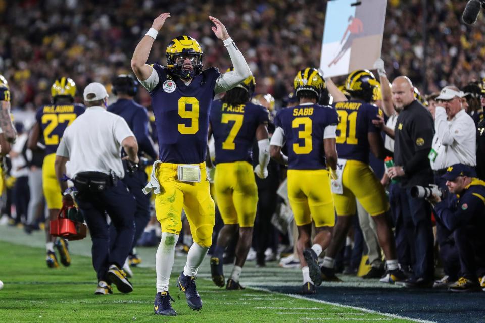 Michigan quarterback J.J. McCarthy (9) celebrates a play against Alabama during overtime of the Rose Bowl in Pasadena, Calif., on Monday, Jan. 1, 2024.