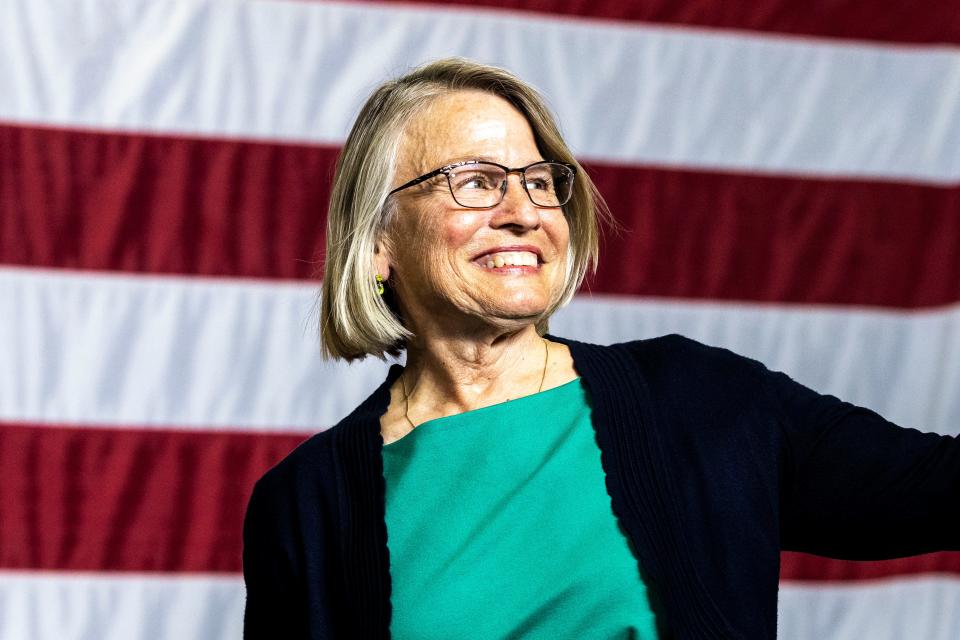 U.S. Rep. Mariannette Miller-Meeks, R-Iowa, is introduced during the Ashley's BBQ Bash fundraiser, Sunday, Aug. 6, 2023, at Hawkeye Downs in Cedar Rapids, Iowa.