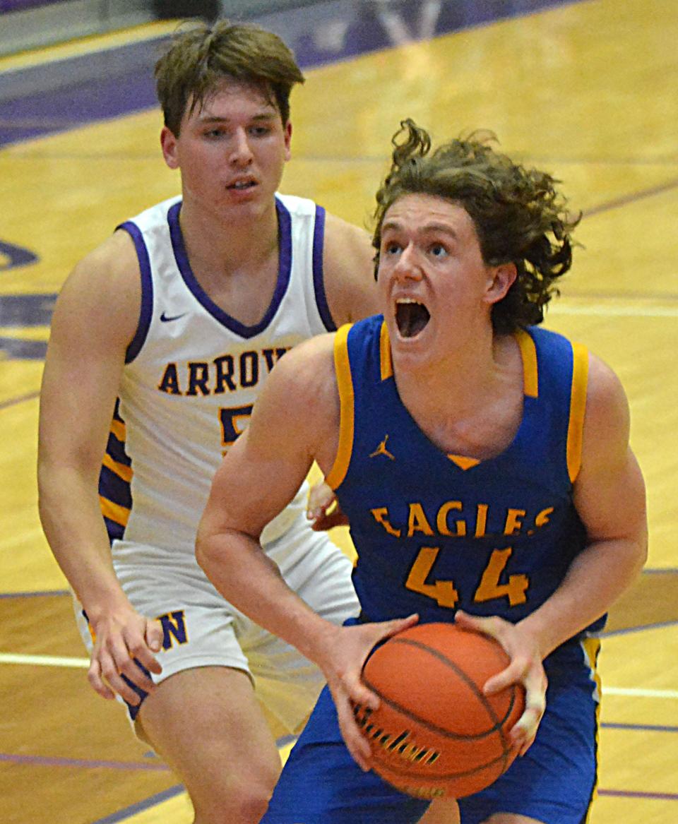 Aberdeen Central's Grant Fritz eyes the basket against Watertown's Caden Beauchamp during their high school boys basketball game on Tuesday, Feb. 13, 2024 in the Watertown Civic Arena. Watertown won 74-71.