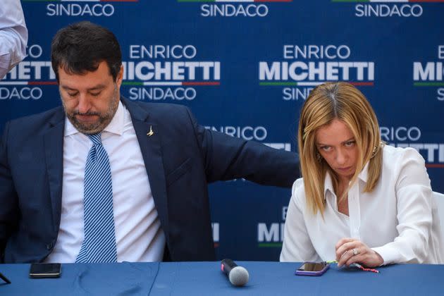 ROME, ITALY - OCTOBER 1: Matteo Salvini (Lega political party leader) and Giorgia Meloni (Fratelli d'Italia Leader) attend a press conference organized by right-wing parties, Lega, Fratelli d'Italia and Forza Italia as part of the closing of the electoral campaign for the Mayor of Rome Enrico Michetti, at Spinaceto district, on October 1, 2021 in Rome, Italy. The mayoral elections in Italy's major cities including Rome, Milan, Turin and Naples - previously due to be held between 15 April and 15 June - will be held between 15 September and 15 October, according to a decree approved by the cabinet due to the Coronavirus pandemic. (Photo by Antonio Masiello/Getty Images) (Photo: Antonio Masiello via Getty Images)