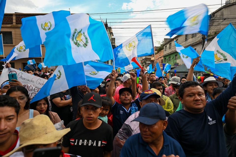Protesters demand the attorney general’s resignation on Oct. 9, 2023, in Guatemala City. <a href="https://www.gettyimages.com/detail/news-photo/people-demonstrate-to-demand-the-resignation-of-attorney-news-photo/1715813995" rel="nofollow noopener" target="_blank" data-ylk="slk:Johan Ordonez/AFP via Getty Images;elm:context_link;itc:0;sec:content-canvas" class="link ">Johan Ordonez/AFP via Getty Images</a>