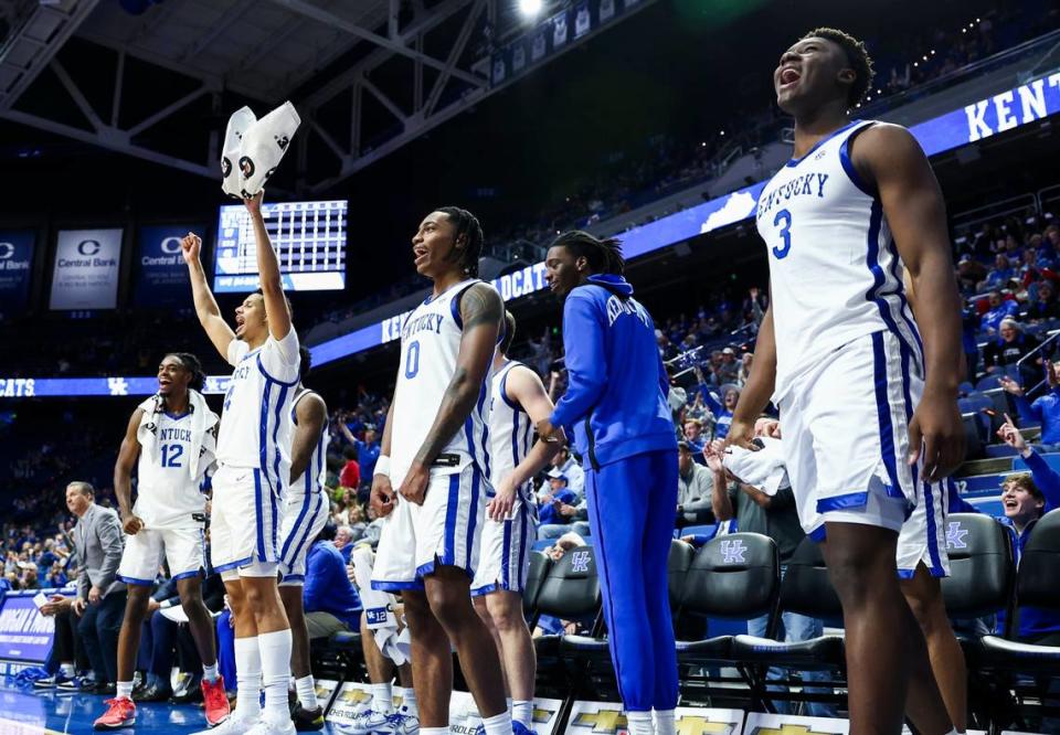 Players on the Kentucky bench celebrate their team’s win against Kentucky State during Thursday’s exhibition game at Rupp Arena. Silas Walker/swalker@herald-leader.com