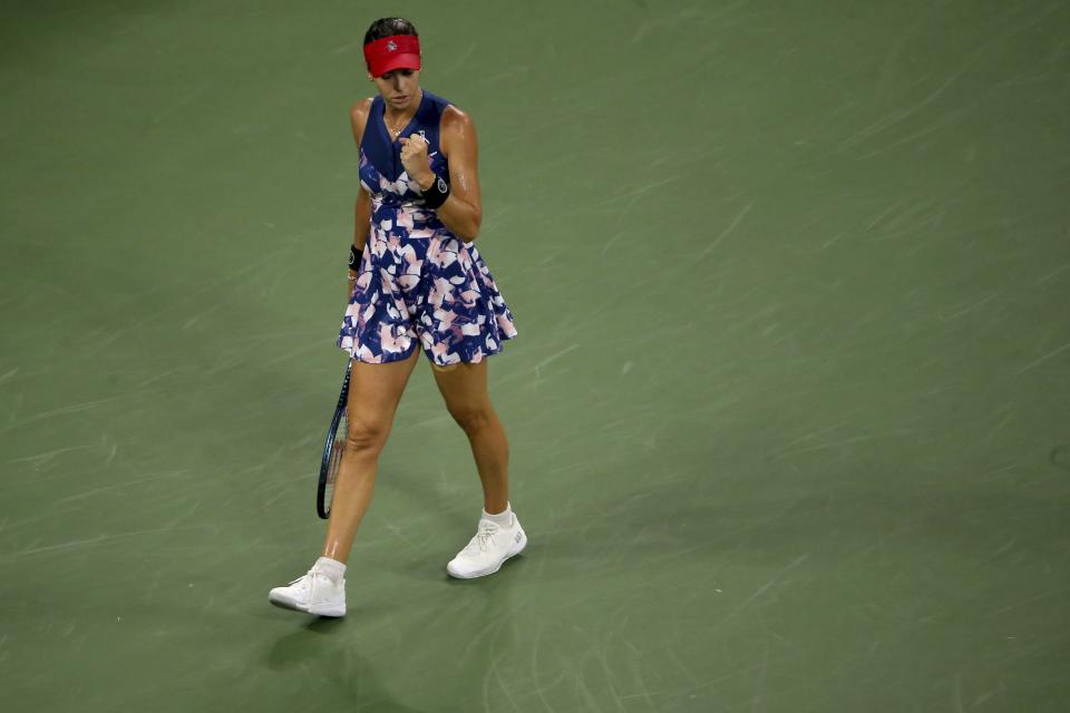 Ajla Tomljanovic, of Australia celebrates during her match against Liudmila Samsonova, of Russia, during the fourth round of the U.S. Open tennis championships, Sunday, Sept. 4, 2022, in New York. (AP Photo/Andres Kudacki)