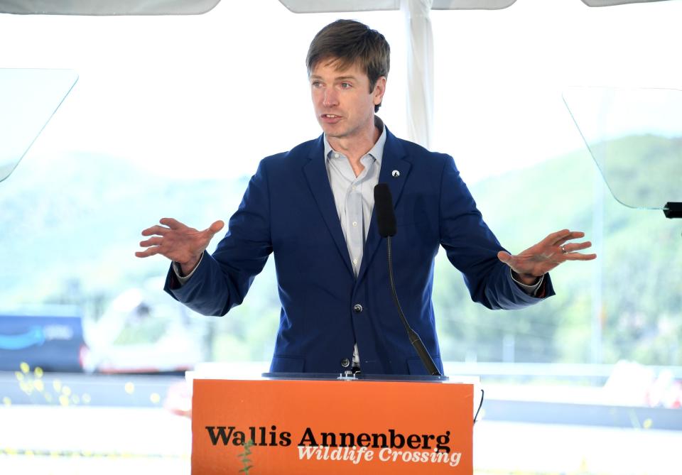 Collin O'Mara, president and CEO of the National Wildlife Federation, speaks during the Wallis Annenberg Wildlife Crossing groundbreaking celebration on April 22, 2022, in Agoura Hills, Calif.