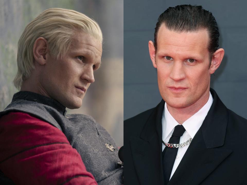 A side-by-side image of a character (Daemon Targaryen) in "House of the Dragon" and actor Matt Smith.