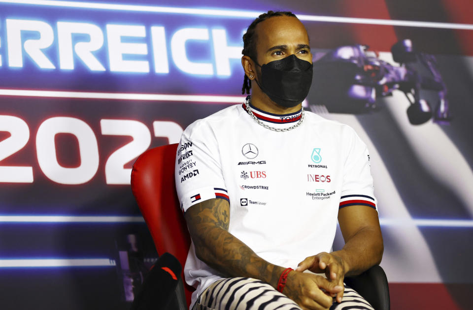 Mercedes driver Lewis Hamilton of Britain attends a media conference ahead of the Austrian Formula One Grand Prix at the Red Bull Ring racetrack in Spielberg, Austria, Thursday, July 1, 2021. (Bryn Lennon/Pool Photo via AP)