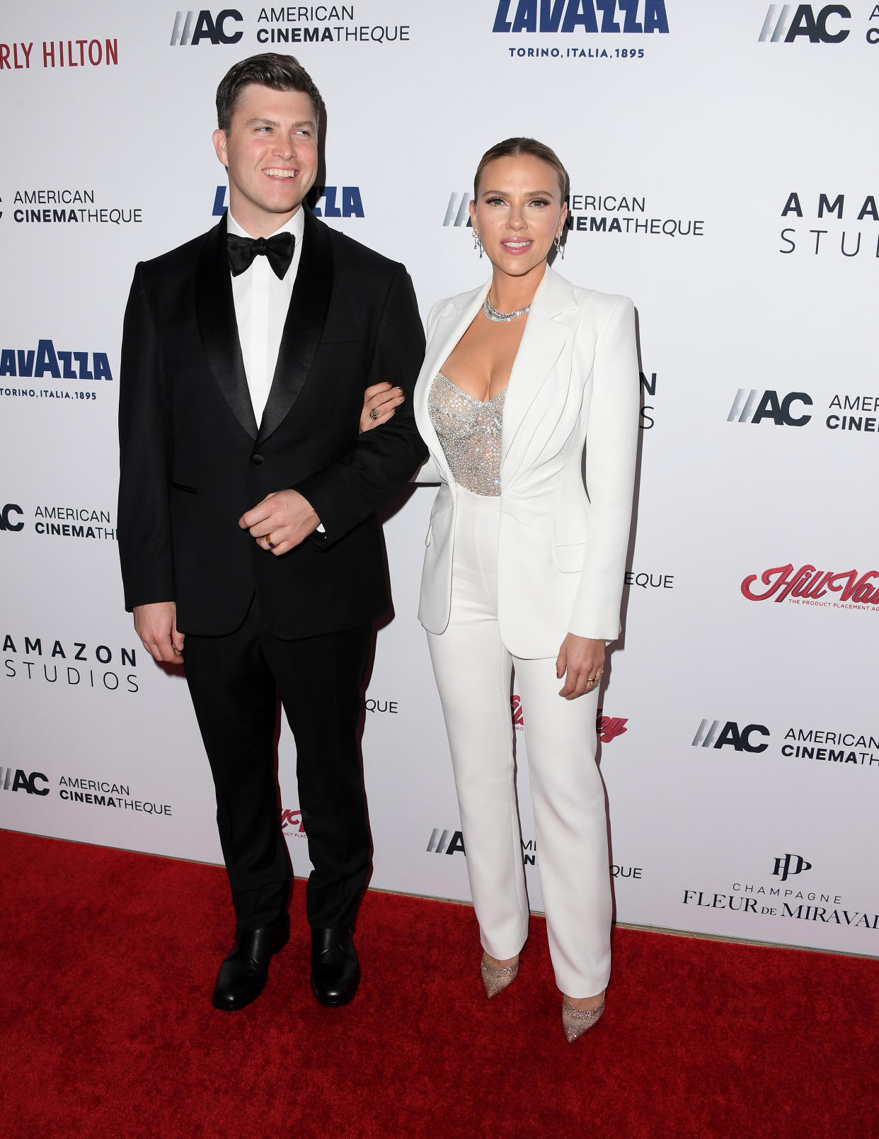 Colin Jost and Scarlett Johansson arrive at the 35th Annual American Cinematheque Awards honoring the actress. 