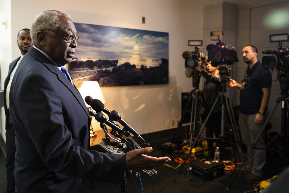 House Majority Whip James Clyburn of South Carolina speaks to reporters at the conclusion of a House Democratic Caucus meeting on Capitol Hill in Washington, Tuesday, Oct. 22, 2019. (AP Photo/Manuel Balce Ceneta)