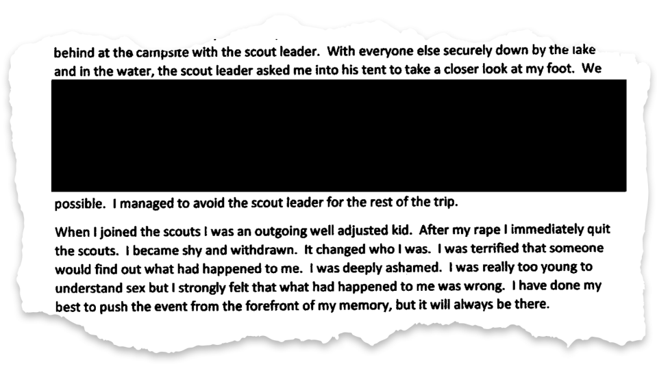 One of hundreds of letters sent to Judge Laurie Silverstein in the Boy Scouts bankruptcy case depicting stories of sexual abuse. Many survivors are upset that the letters they've written have been redacted before being made public.