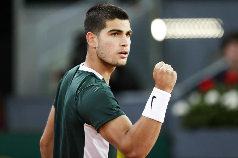 Carlos Alcaraz, pictured here after advancing to the quarter-finals at the Madrid Open.